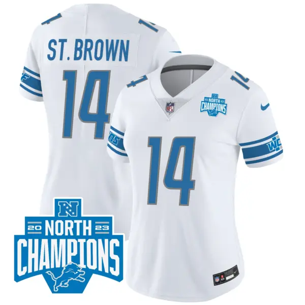 Womens Detroit Lions 2023 NFC North Division Champions Patch Vapor Jersey Stbrown Jersey White