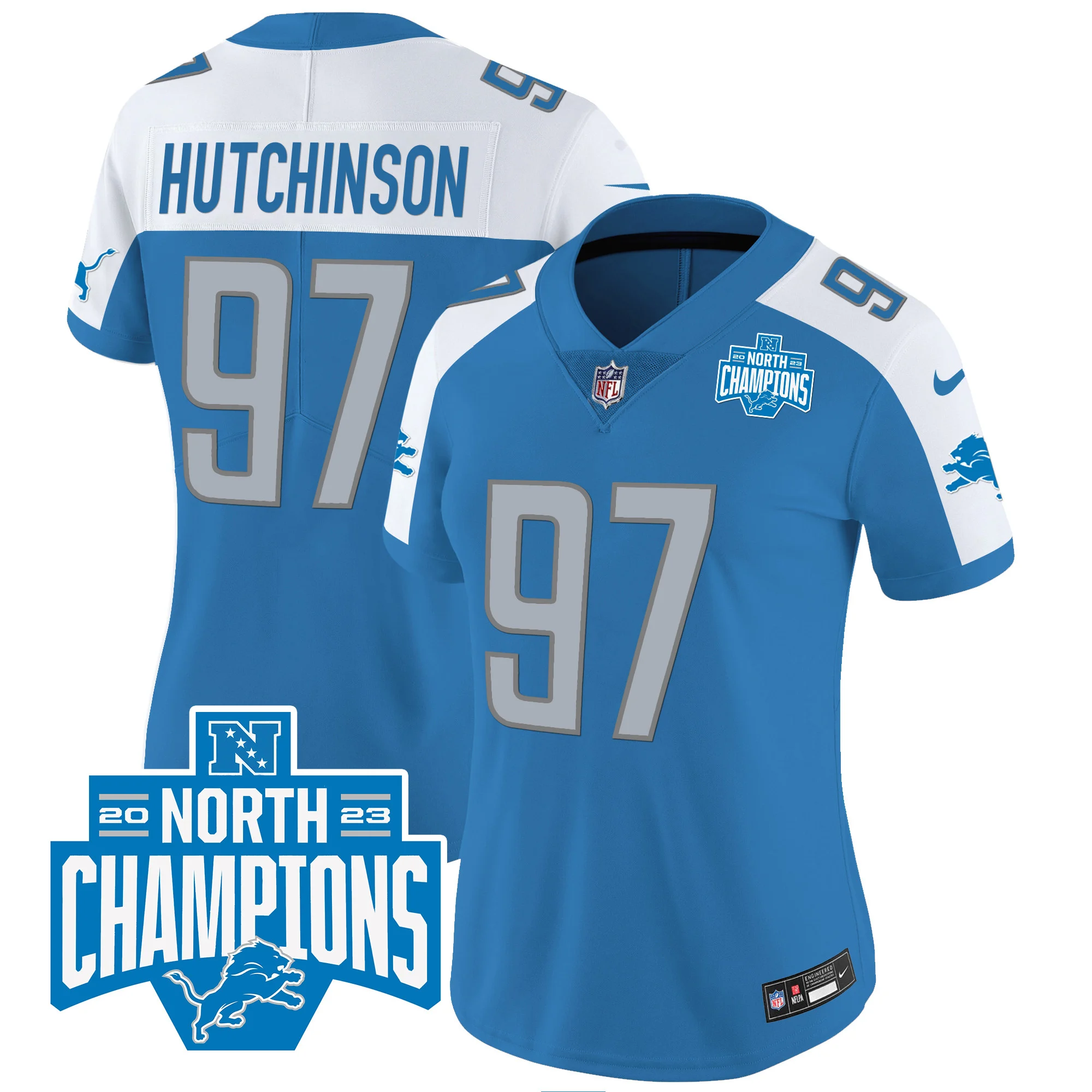 Womens Detroit Lions 2023 NFC North Division Champions Patch Vapor Jersey Hutchinson Jersey Blue Alternate