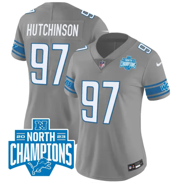 Womens Detroit Lions 2023 NFC North Division Champions Patch Vapor Jersey Hutchinson Jersey Gray