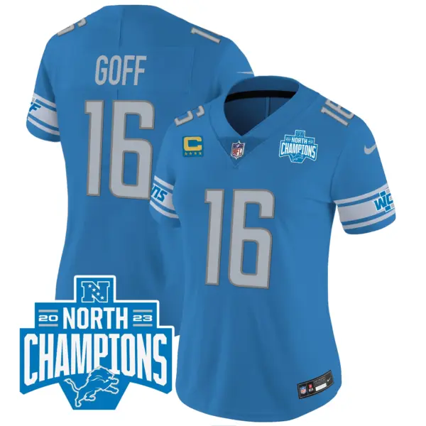 Womens Detroit Lions 2023 NFC North Division Champions Patch Vapor Jersey Jared Goff Jersey Blue