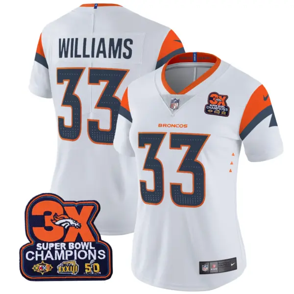 Womens Denver Broncos 3 Time Champions Patch Vapor Limited Jersey Javonte Williams Jersey White