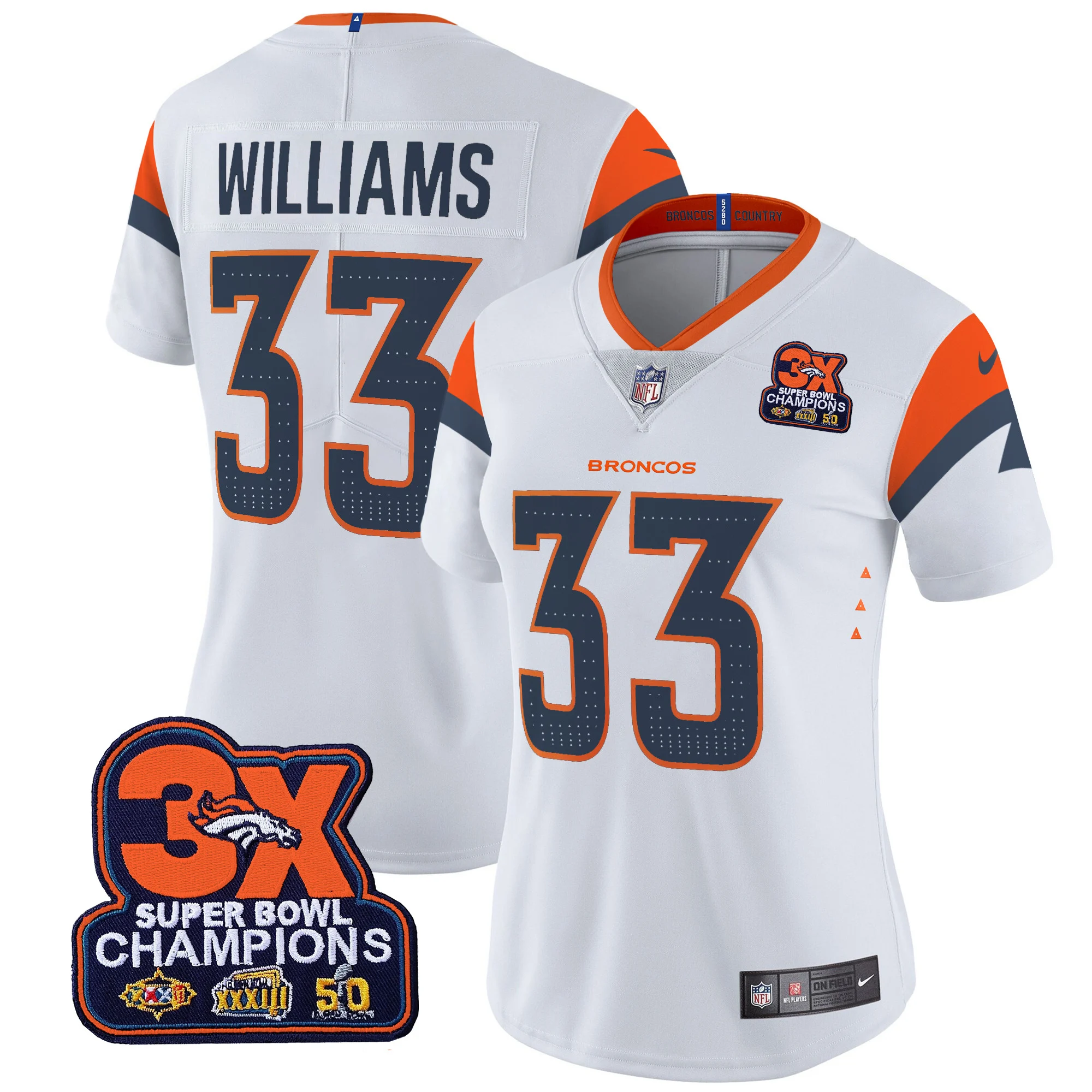Womens Denver Broncos 3 Time Champions Patch Vapor Limited Jersey Javonte Williams Jersey White