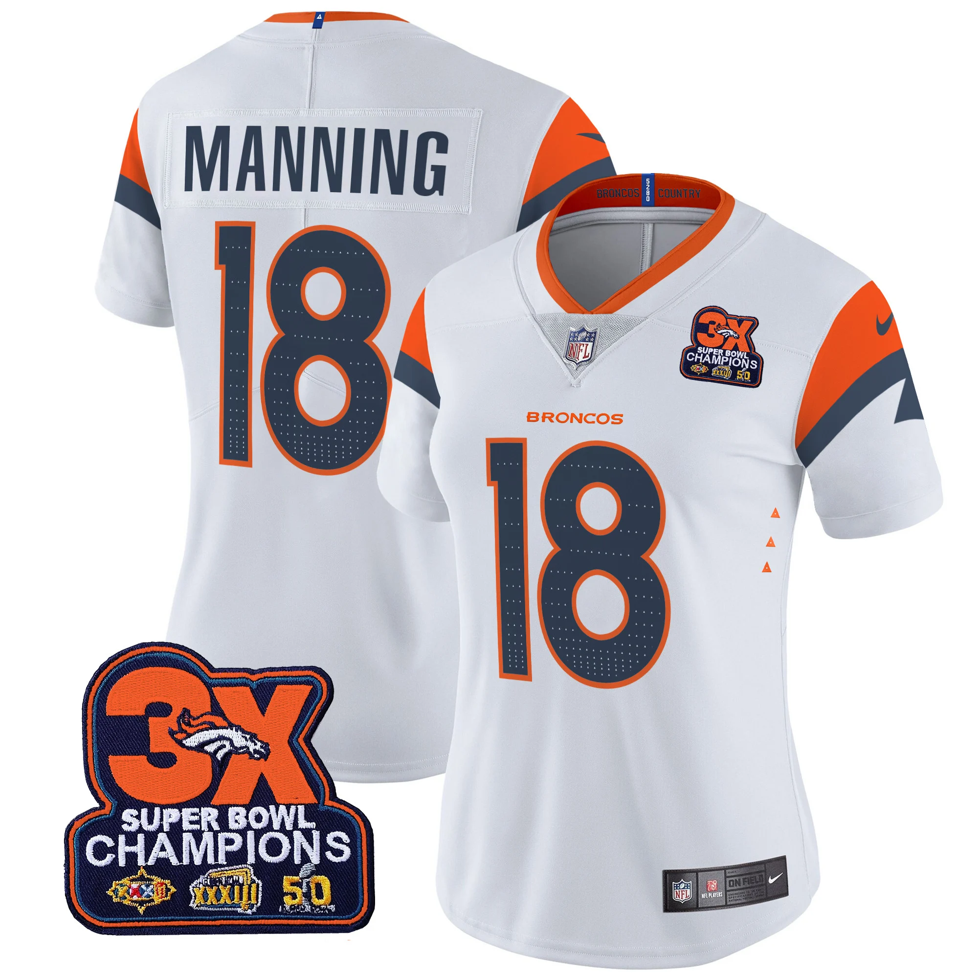 Womens Denver Broncos 3 Time Champions Patch Vapor Limited Jersey Peyton Manning Jersey White
