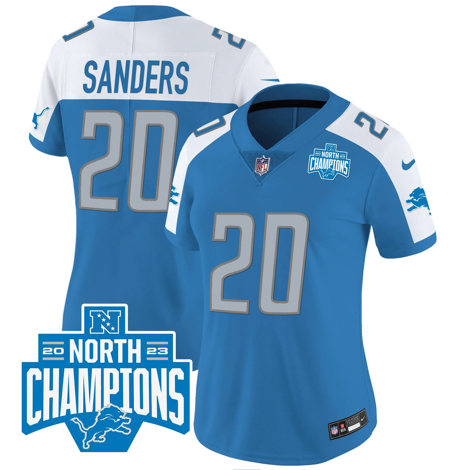 Womens Detroit Lions 2023 NFC North Division Champions Patch Vapor Jersey Barry Sanders Jersey Blue Alternate