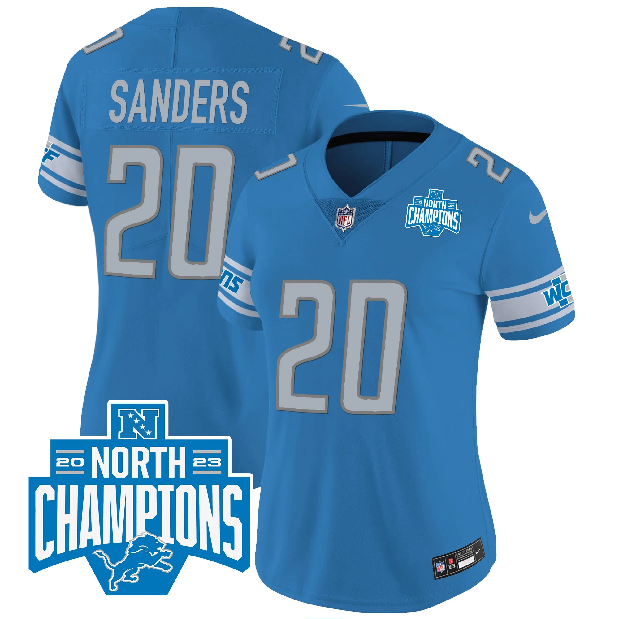 Womens Detroit Lions 2023 NFC North Division Champions Patch Vapor Jersey Barry Sanders Jersey Blue