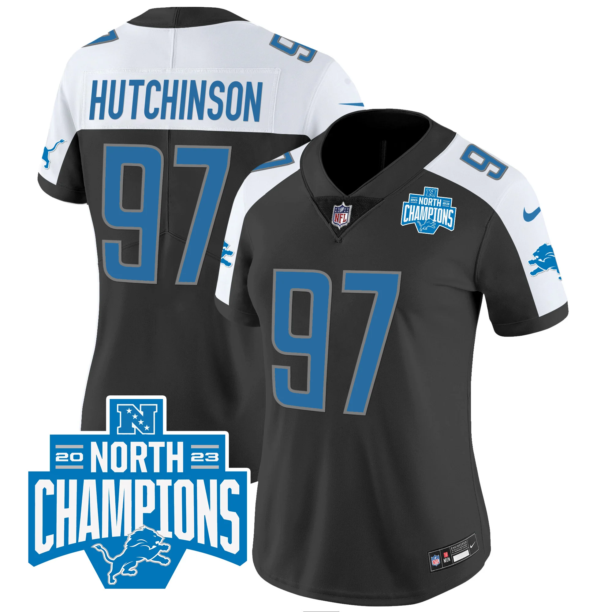 Womens Detroit Lions 2023 NFC North Division Champions Patch Vapor Jersey Hutchinson Jersey Black Alternate
