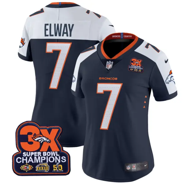 Womens Denver Broncos 3 Time Champions Patch Vapor Limited Jersey John Elway Jersey Navy Alternate