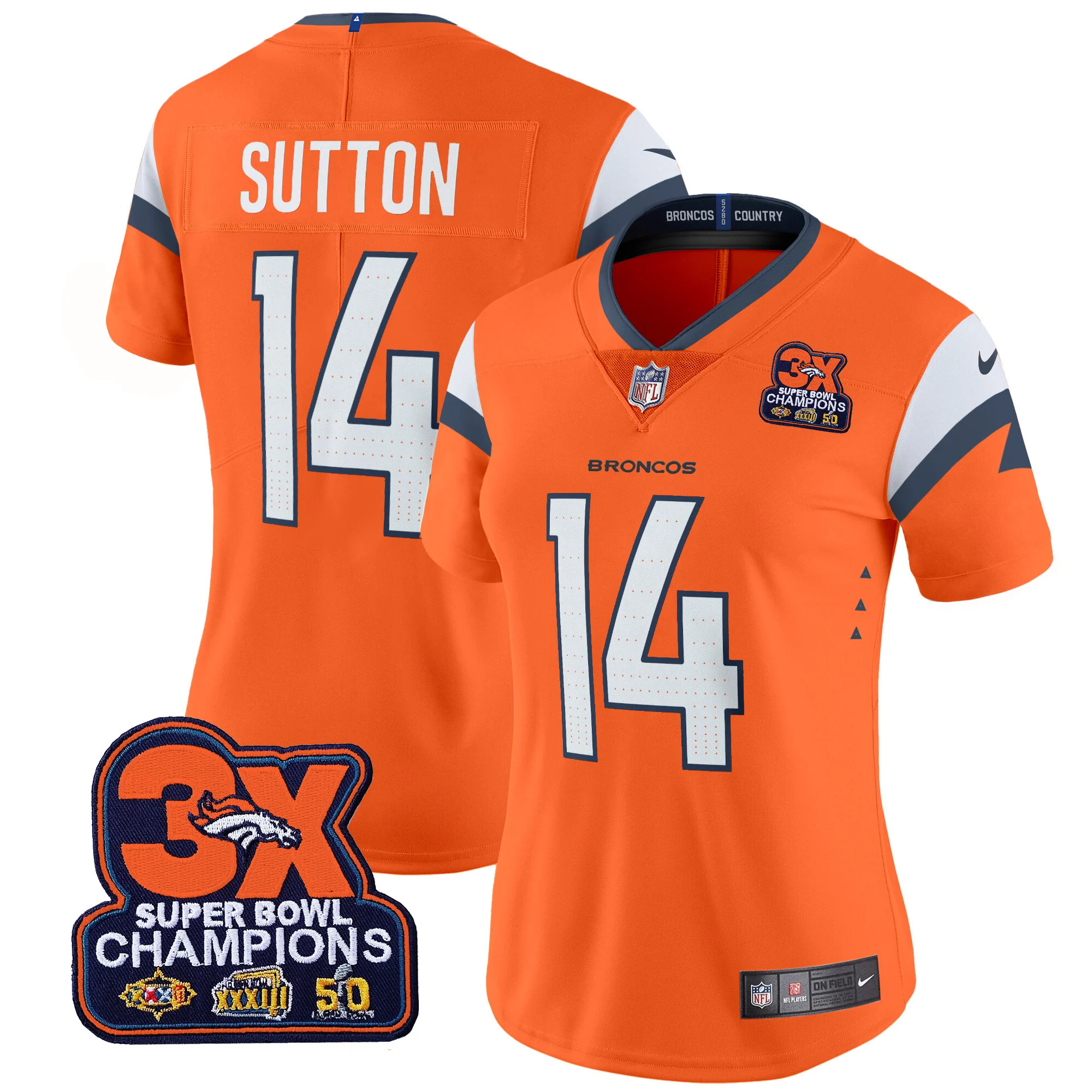 Womens Denver Broncos 3 Time Champions Patch Vapor Limited Jersey Courtland Sutton Jersey Orange
