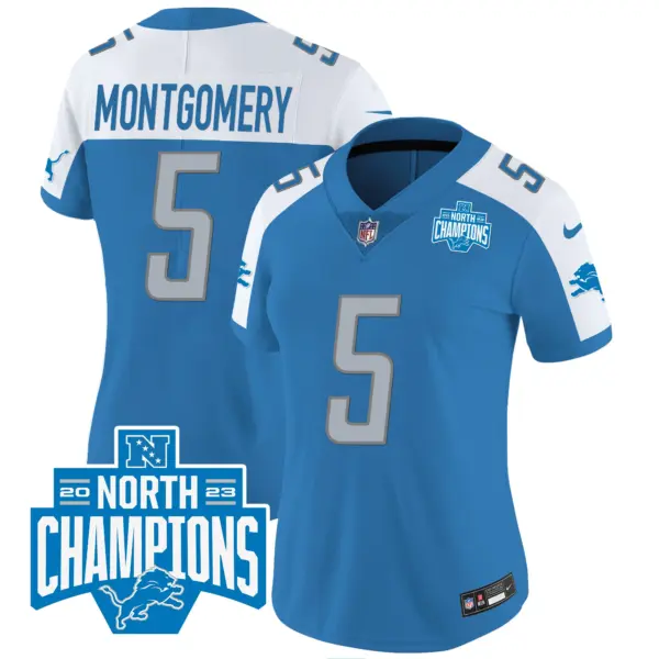 Womens Detroit Lions 2023 NFC North Division Champions Patch Vapor Jersey David Montgomery Jersey Blue Alternate