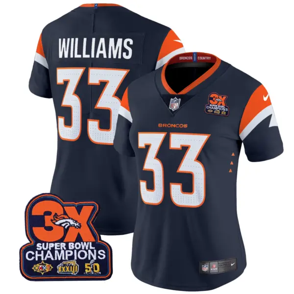 Womens Denver Broncos 3 Time Champions Patch Vapor Limited Jersey Javonte Williams Jersey Navy