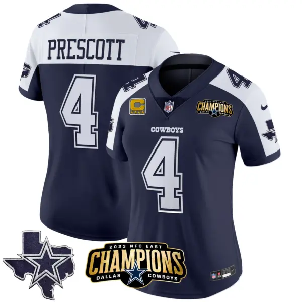 Womens Dallas Cowboys 2023 NFC East Champions Patch Vapor Jersey Dak Prescott Jersey Alternate Navy