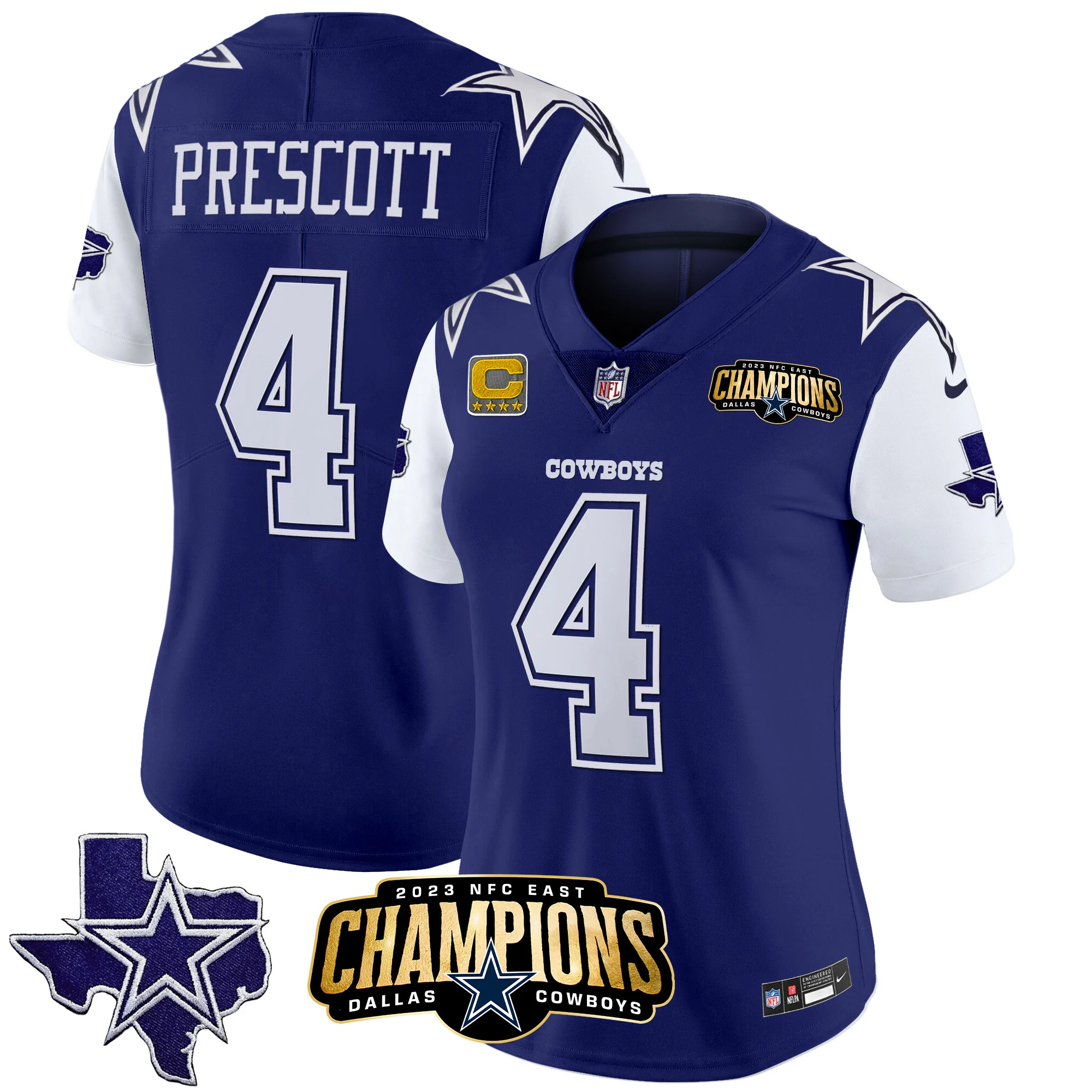 Womens Dallas Cowboys 2023 NFC East Champions Patch Vapor Jersey Dak Prescott Jersey Royal