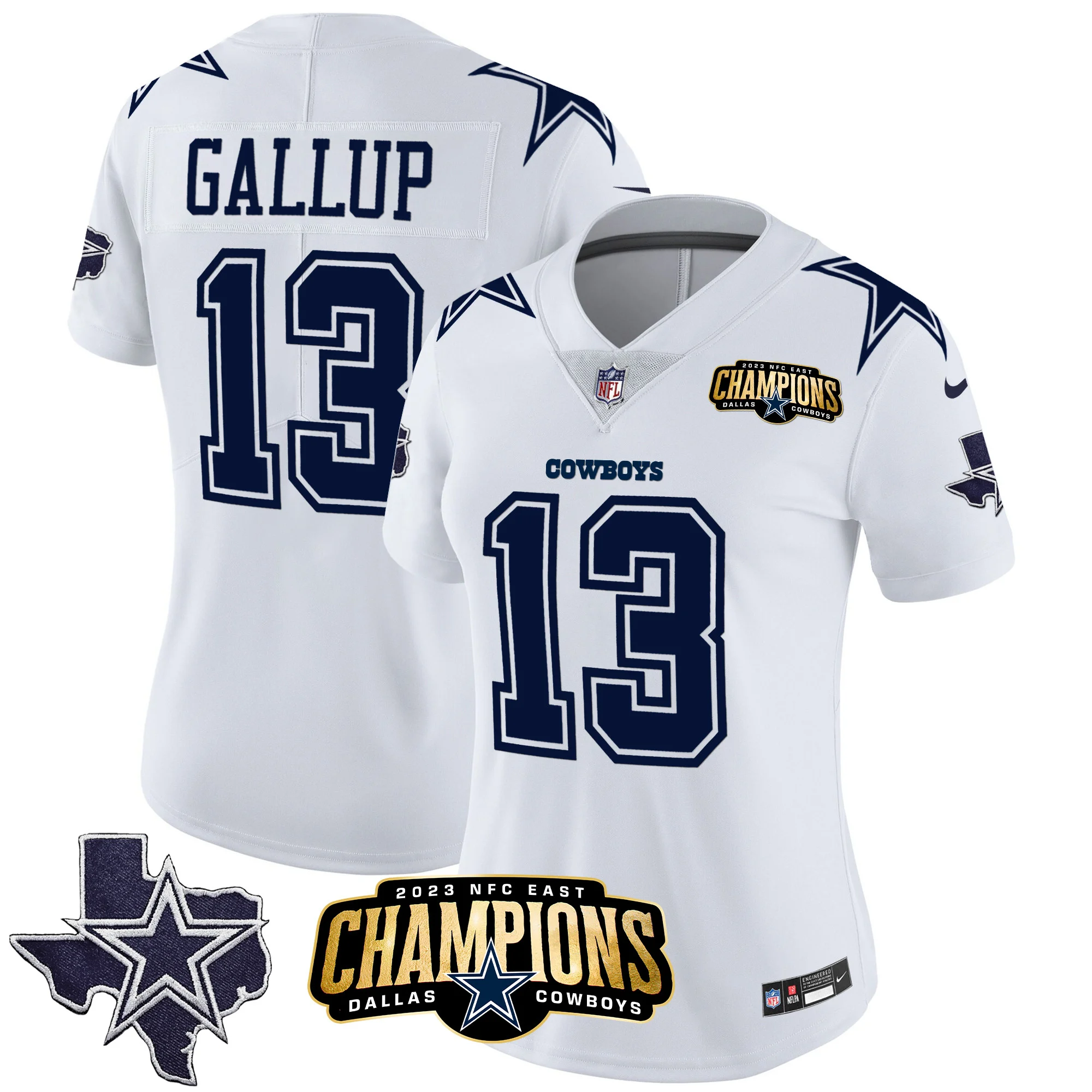 Womens Dallas Cowboys 2023 NFC East Champions Patch Vapor Jersey Michael Gallup Jersey White