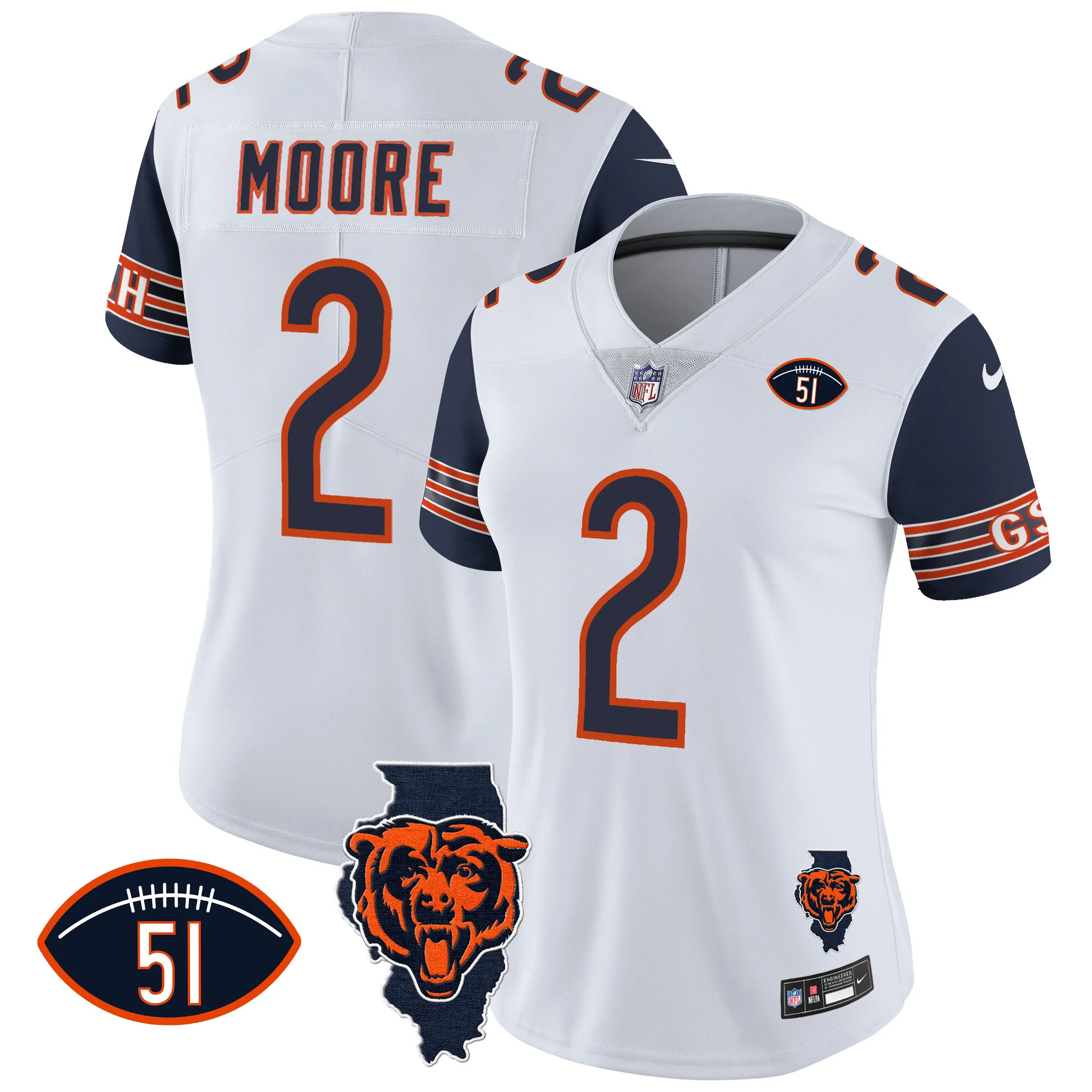 Womens Chicago Bears Illinois Patch Vapor Jersey DJ Moore Jersey Navy Sleeves