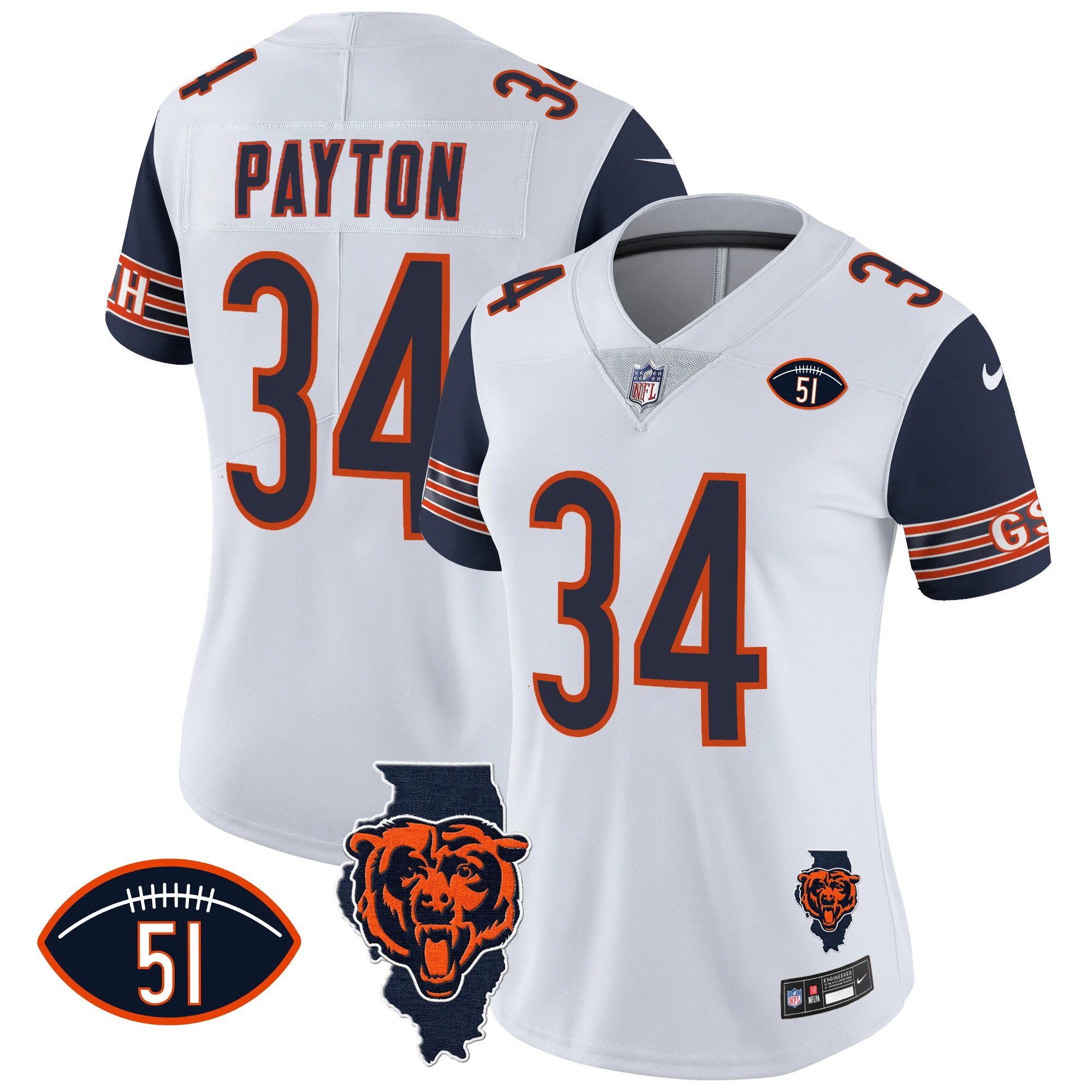 Womens Chicago Bears Illinois Patch Vapor Jersey Walter Payton Jersey Navy Sleeves