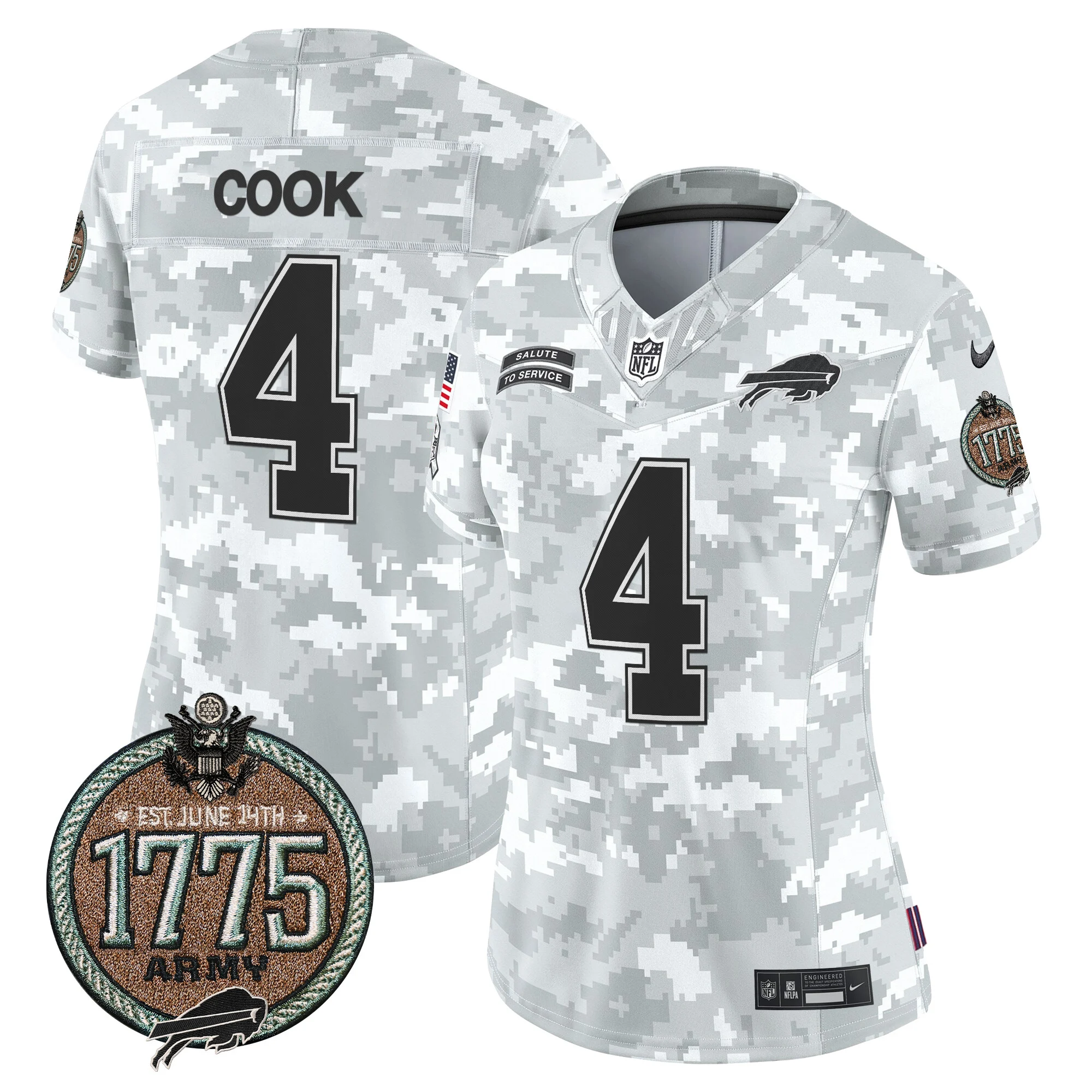 Womens Buffalo Bills 2024 Salute To Service Establishment Year Patch Vapor Limited Jersey James Cook Jersey Army