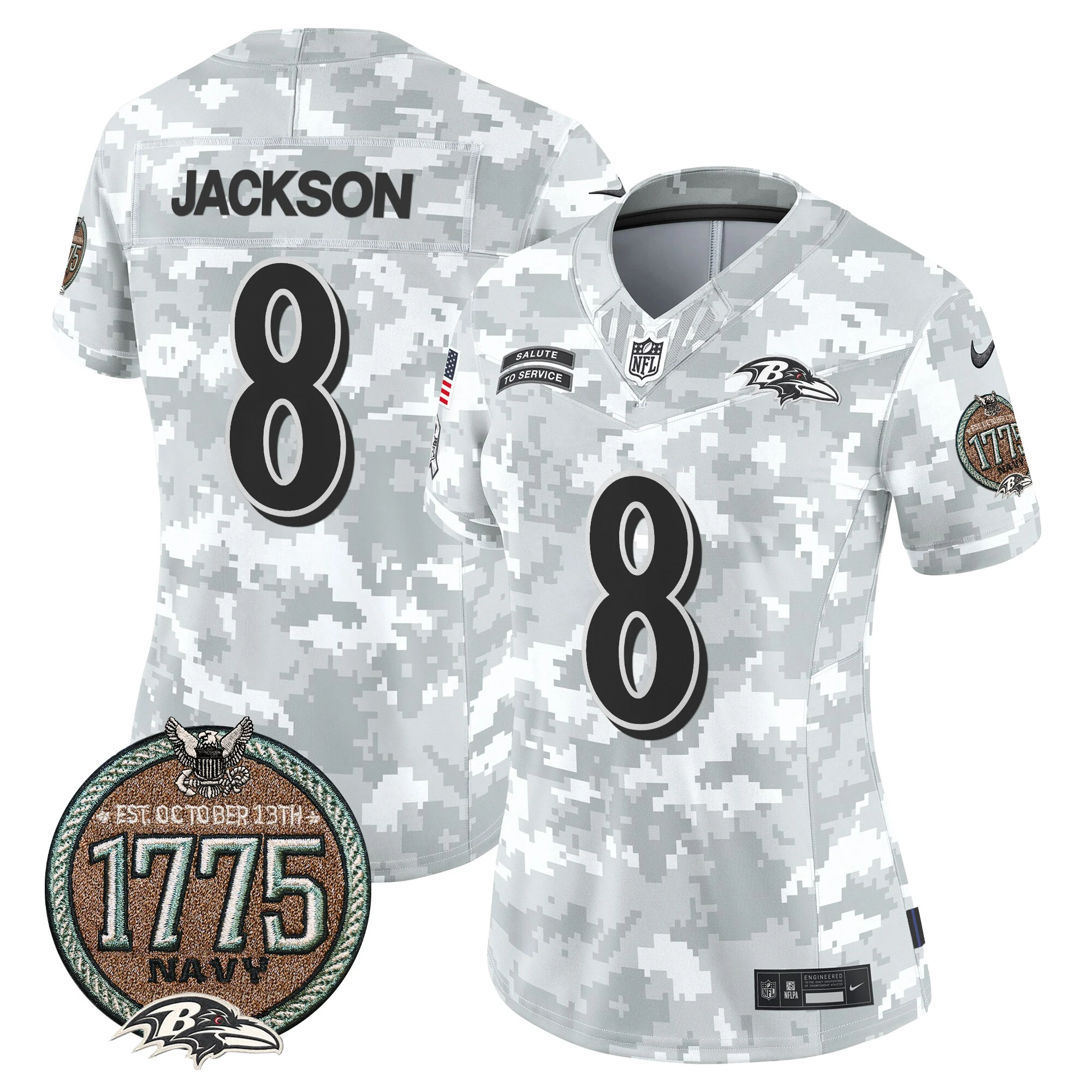 Womens Baltimore Ravens 2024 Salute To Service Establishment Year Patch Vapor Limited Jersey Lamar Jackson Jersey Navy