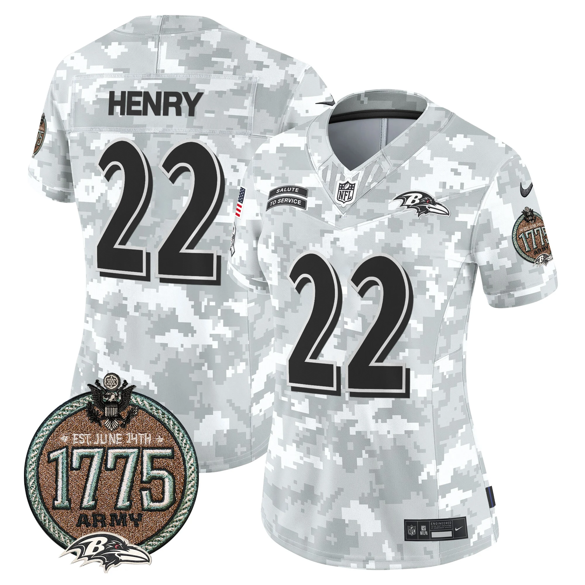 Womens Baltimore Ravens 2024 Salute To Service Establishment Year Patch Vapor Limited Jersey Derrick Henry Jersey Army