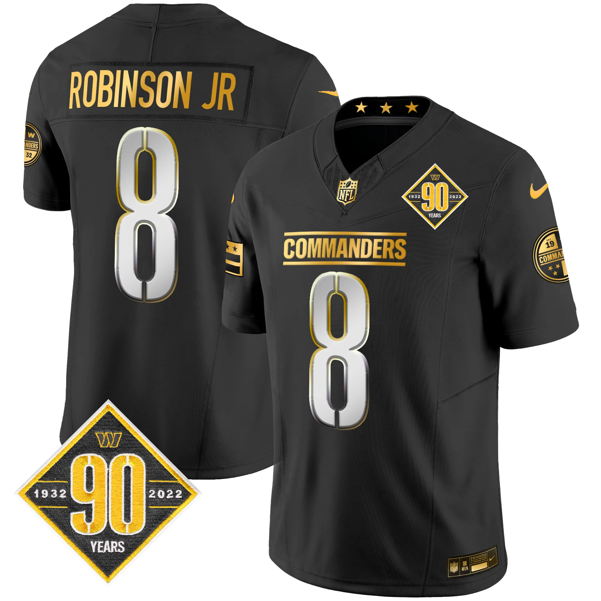 Mens Washington Commanders 90Th Anniversary Patch Gold Vapor Limited Jersey Robinson Jr Jersey Black Limited