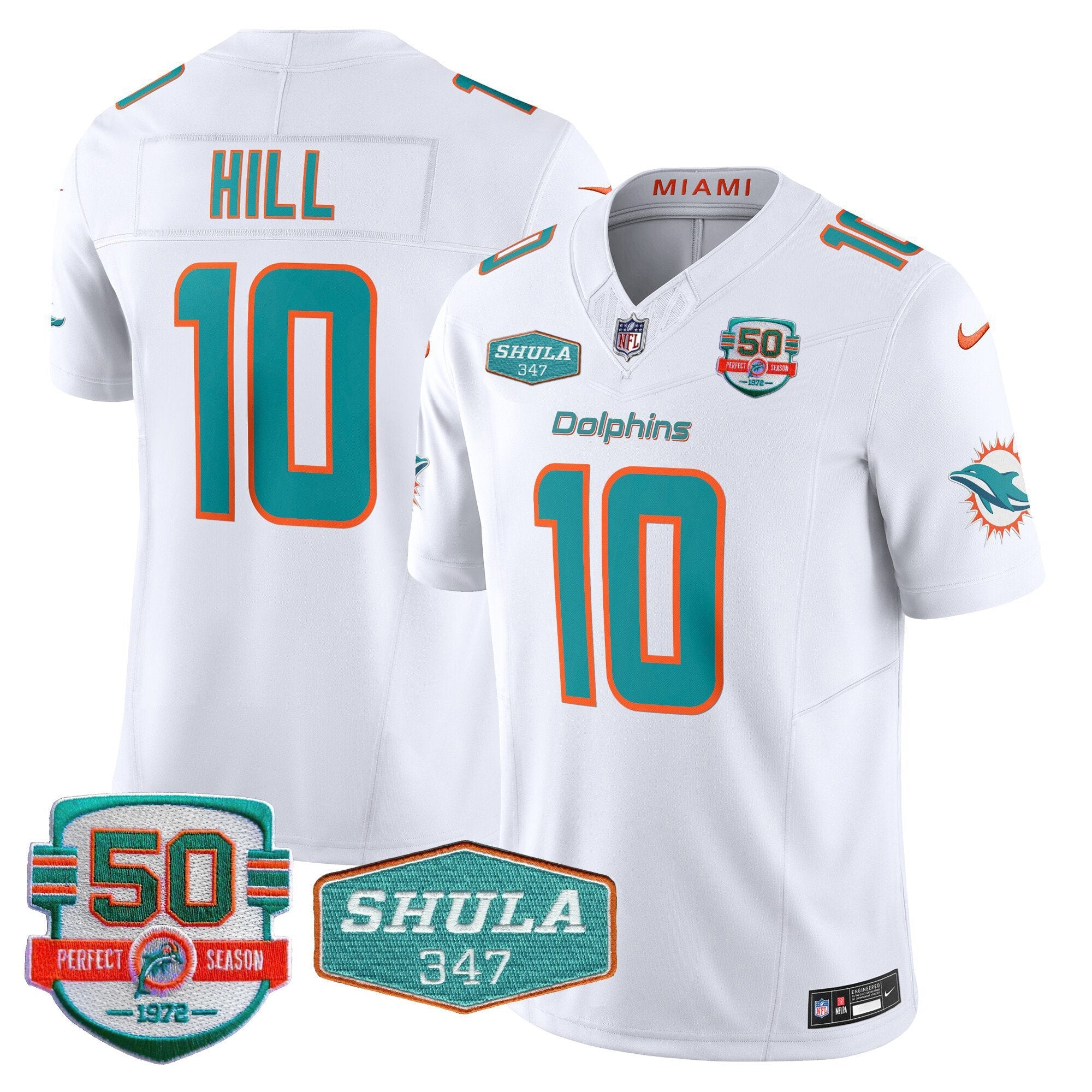 Dolphins Shula 347 Patch Vapor Limited Jersey V2 – All Stitched – White – Tyreek Hill Jersey