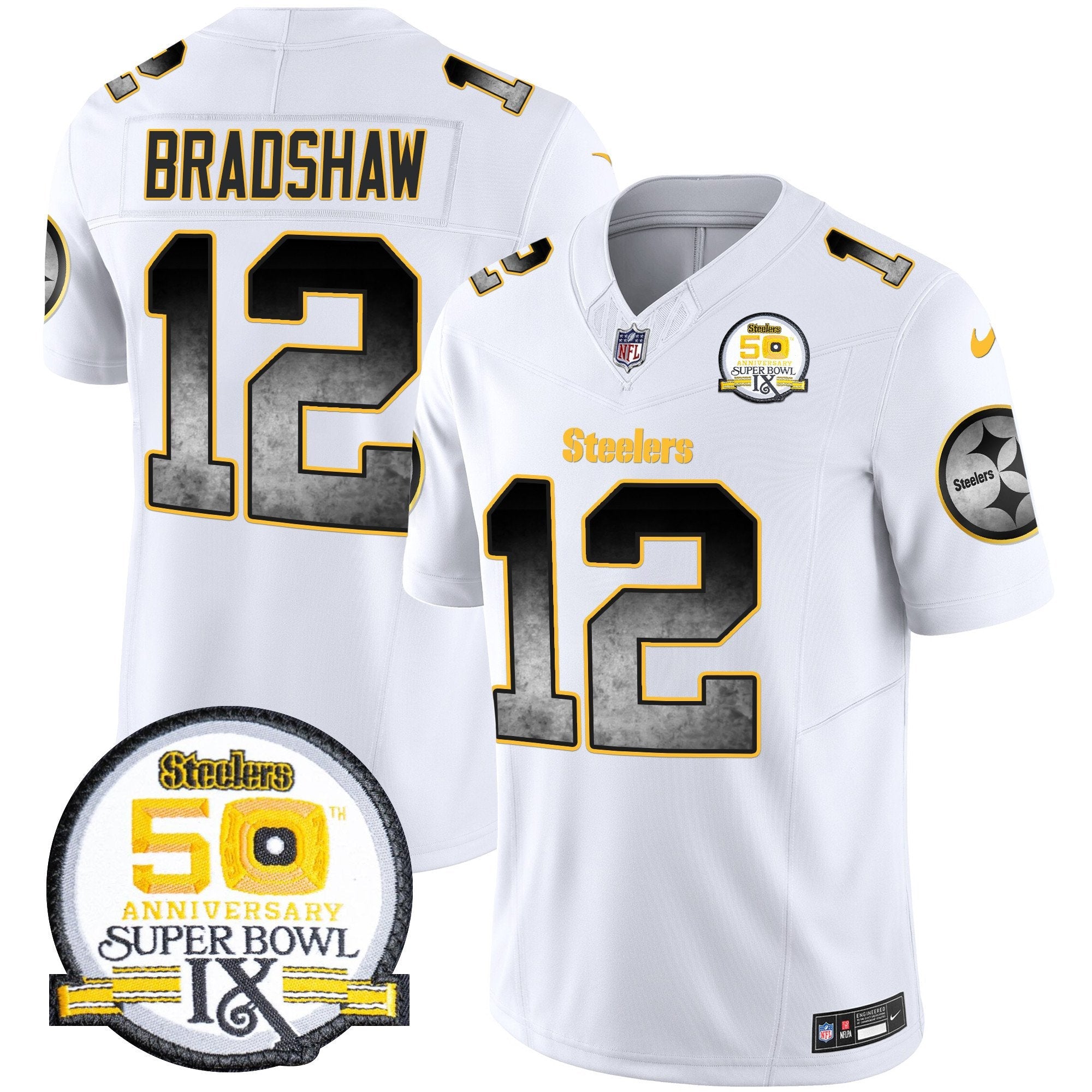 Steelers Arch Smoke 50th Anniversary Of Super Bowl IX Patch Vapor Limited Jersey – All Stitched – White – Terry Bradshaw Jersey