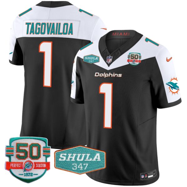Dolphins Shula 347 Patch Vapor Limited Jersey V2 – All Stitched – Black Alternate – Tua Tagovailoa Jersey