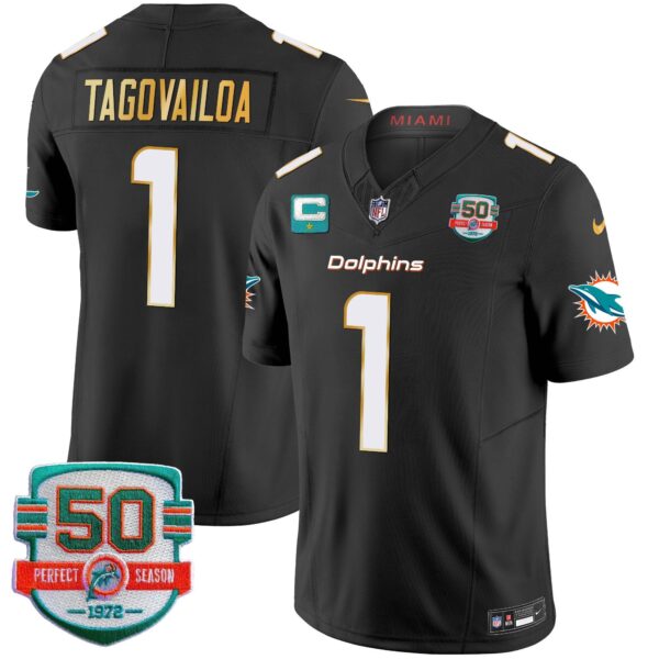 Dolphins Gold Trim Vapor Limited Jersey – All Stitched – Black – Tua Tagovailoa Jersey
