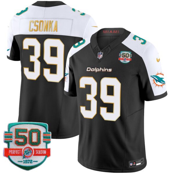 Dolphins Gold Trim Vapor Limited Jersey – All Stitched – Black Alternate – Larry Csonka Jersey