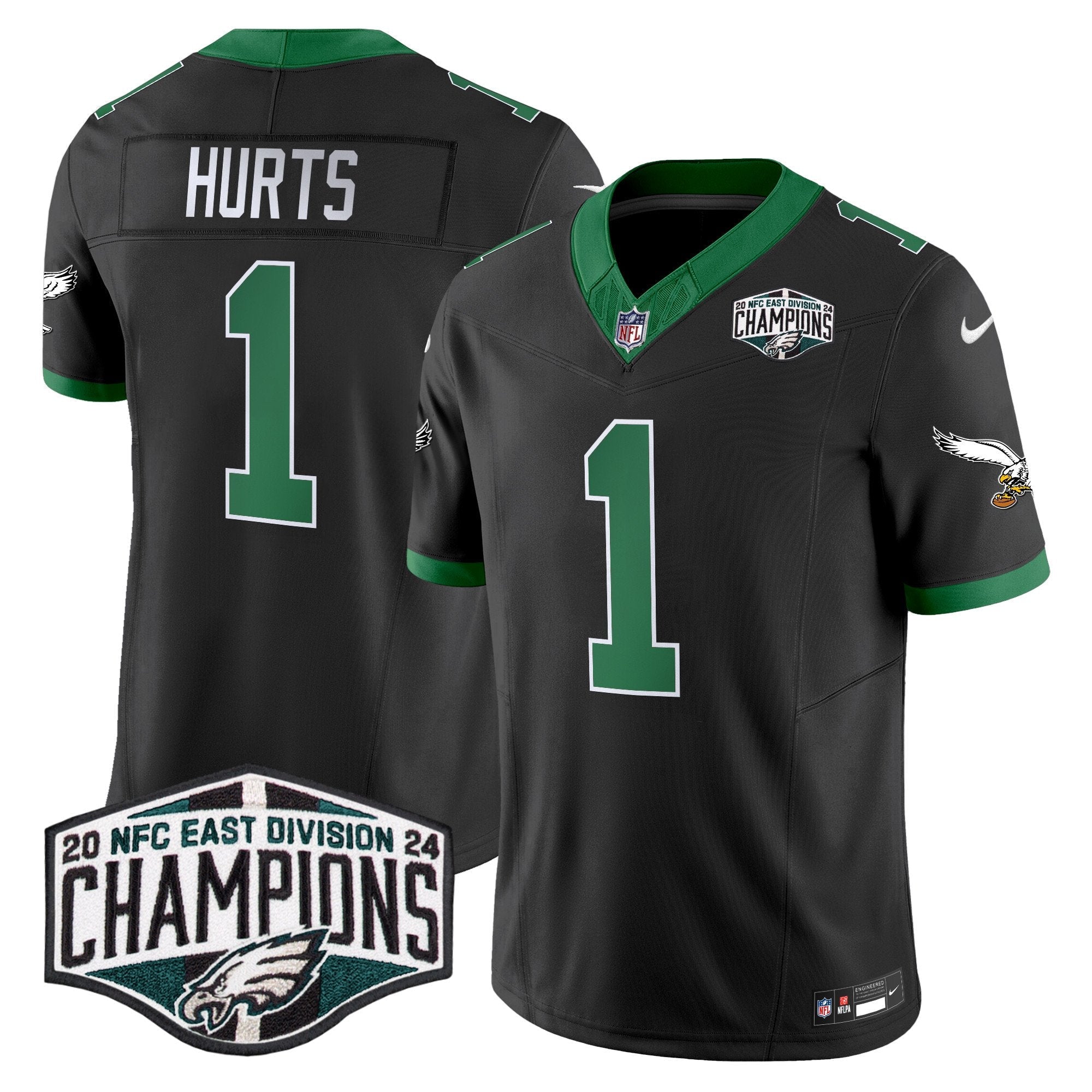 Philadelphia Eagles Kelly Green 2024 NFC East Division Champions Vapor Limited Jersey V2 – All Stitched – Black – Jalen Hurts Jersey