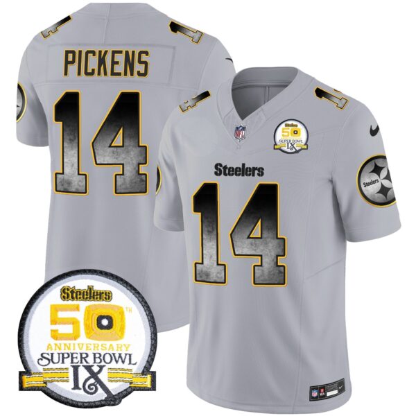Steelers Arch Smoke 50th Anniversary Of Super Bowl IX Patch Vapor Limited Jersey – All Stitched – Gray – George Pickens Jersey
