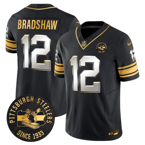 Pittsburgh Steelers Throwback 1933 Patch Gold Vapor Limited Jersey – All Stitched – Black Limited – Terry Bradshaw Jersey