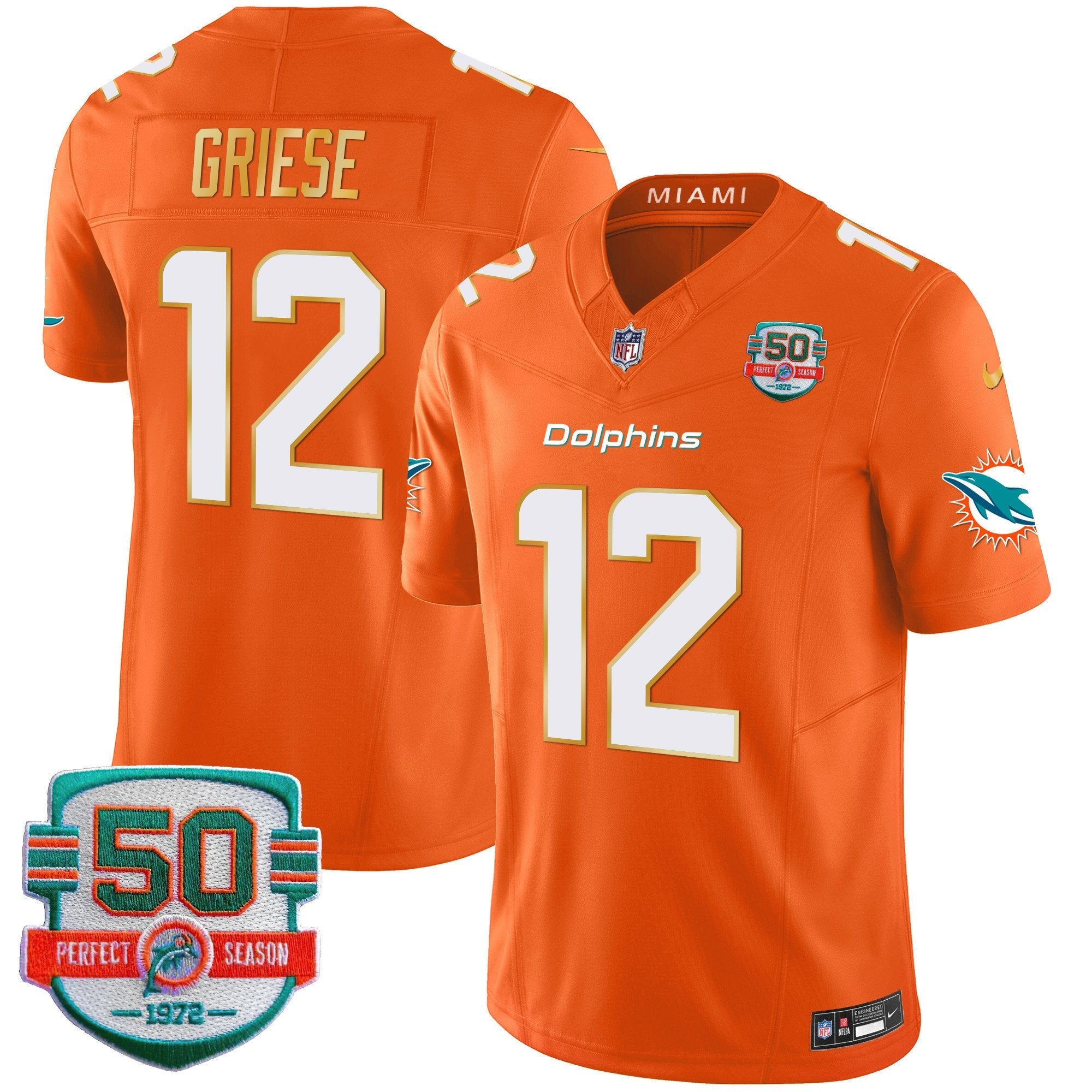 Dolphins Gold Trim Vapor Limited Jersey – All Stitched – Orange – Bob Griese Jersey