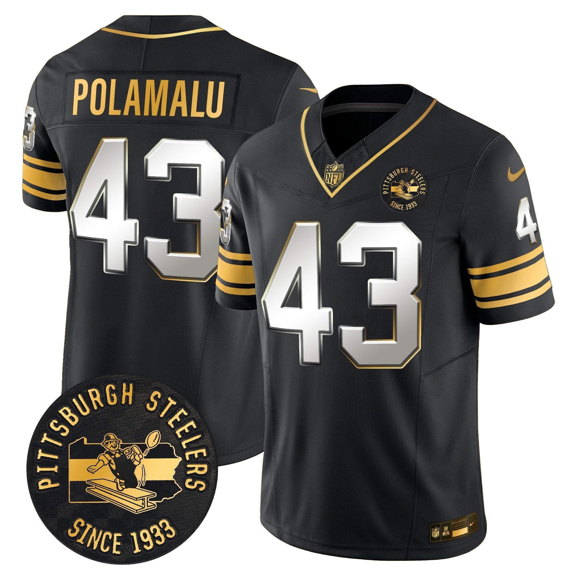 Pittsburgh Steelers Throwback 1933 Patch Gold Vapor Limited Jersey – All Stitched – Black Limited – Troy Polamalu Jersey