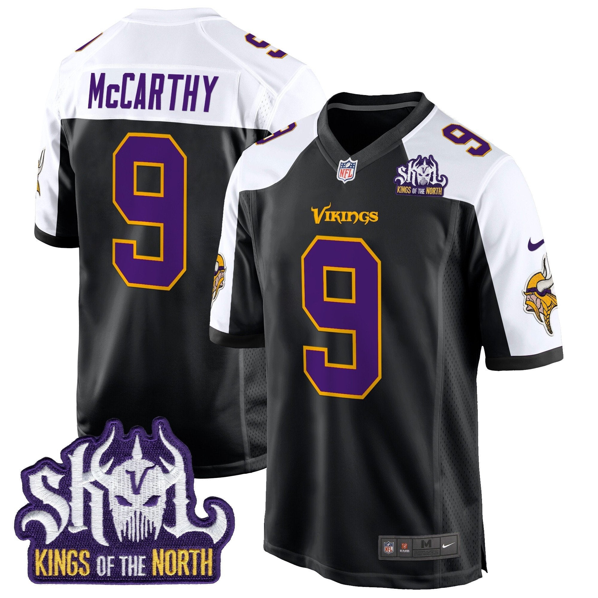 Minnesota Vikings King Of The North Patch Throwback Game Jersey – All Stitched – Black Alternate – J.J. McCarthy Jersey