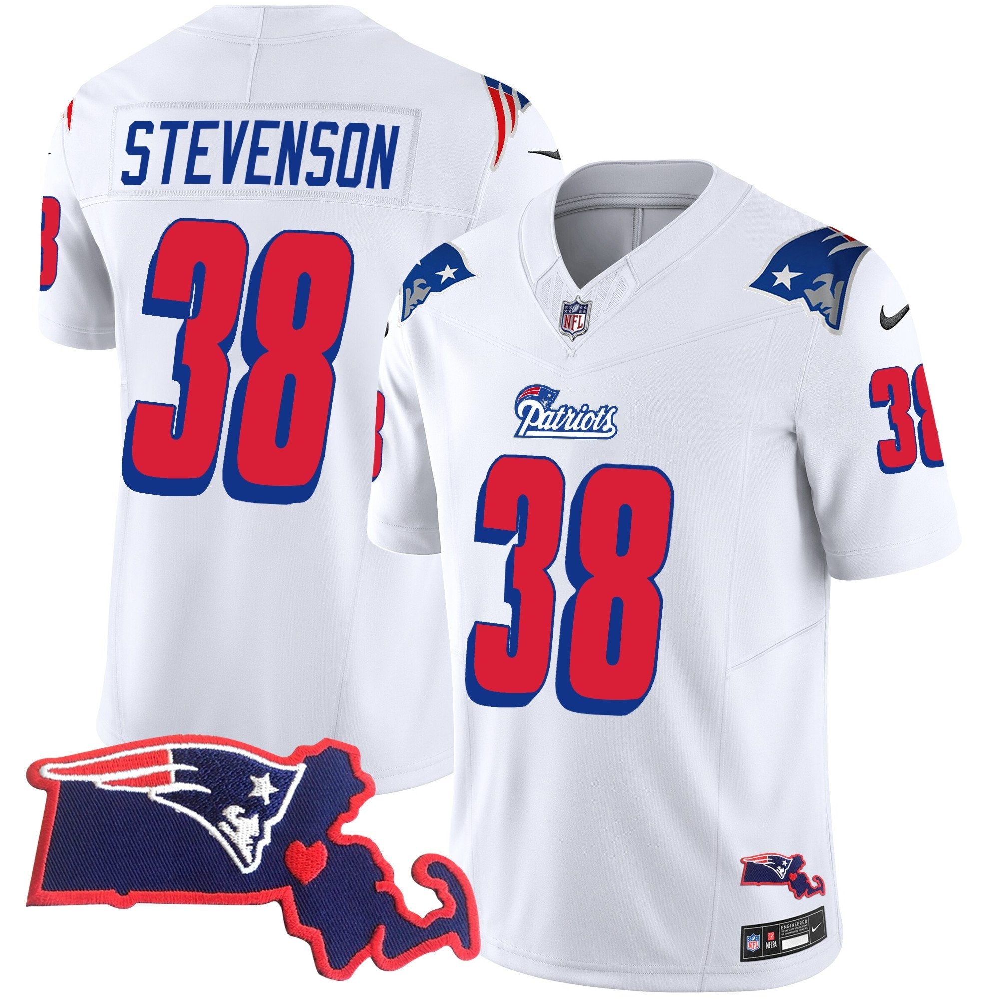 Patriots 1996 Throwback State Patch Vapor Jersey – All Stitched – White – Rhamondre Stevenson Jersey