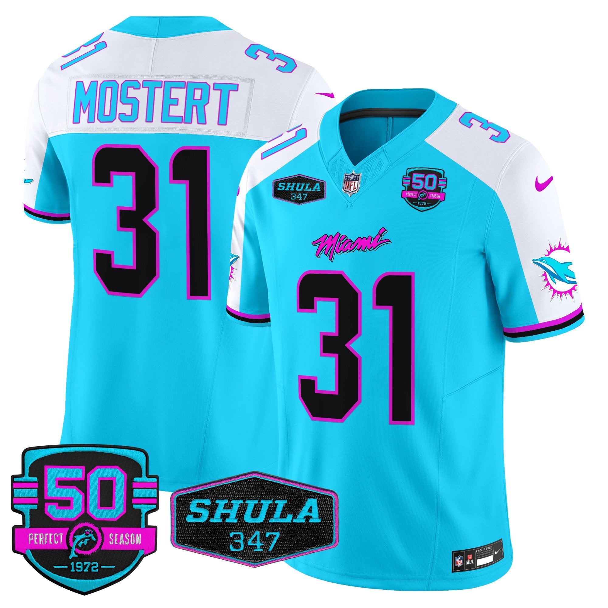 Dolphins “Miami Vice” Vapor Limited Jersey V4 – All Stitched – Aqua Alternate – Raheem Mostert Jersey