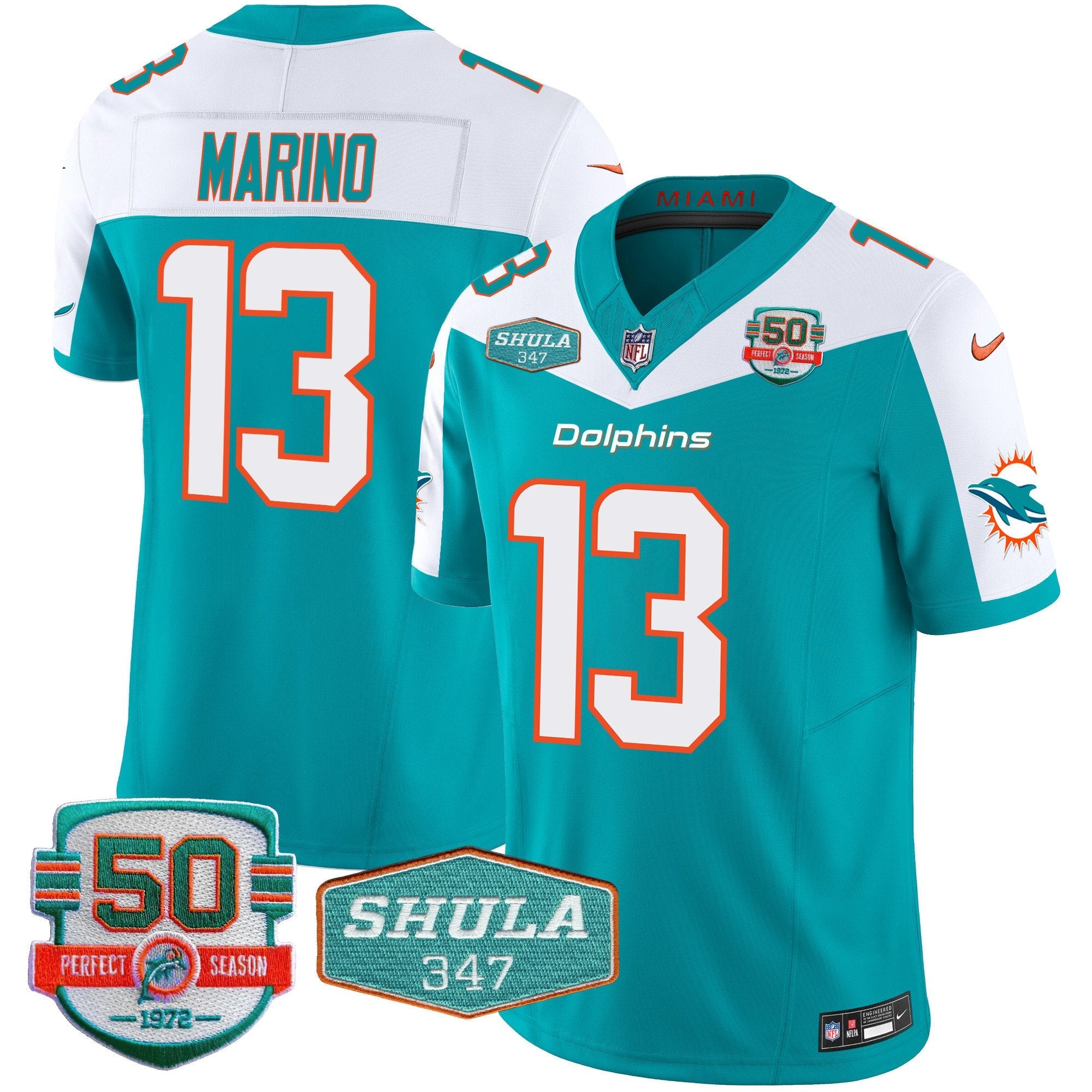 Dolphins Shula 347 Patch Vapor Limited Jersey V2 – All Stitched – Aqua Alternate – Dan Marino Jersey