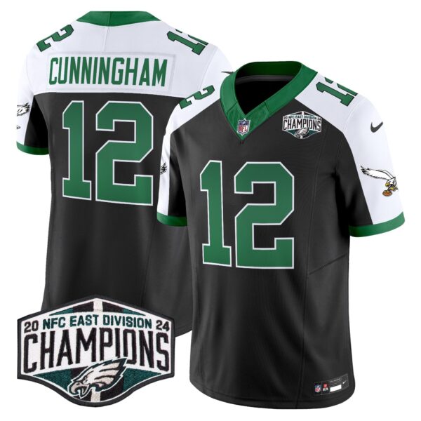 Philadelphia Eagles Kelly Green 2024 NFC East Division Champions Vapor Limited Jersey V2 – All Stitched – Black Alternate – Randall Cunningham Jersey