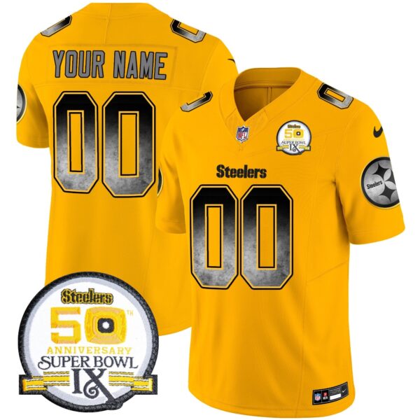 Steelers Arch Smoke 50th Anniversary Of Super Bowl IX Patch Vapor Limited Custom Jersey – All Stitched – Gold Jersey
