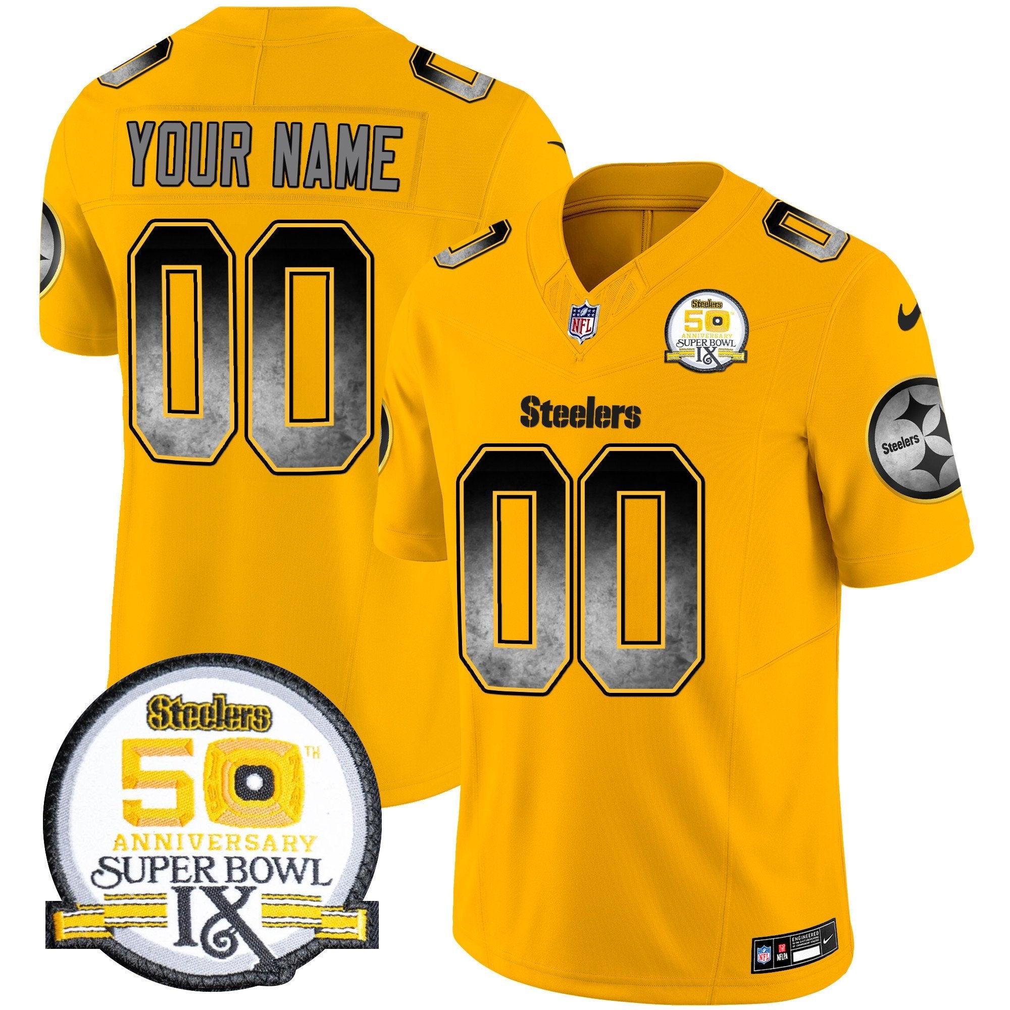 Steelers Arch Smoke 50th Anniversary Of Super Bowl IX Patch Vapor Limited Custom Jersey – All Stitched – Gold Jersey