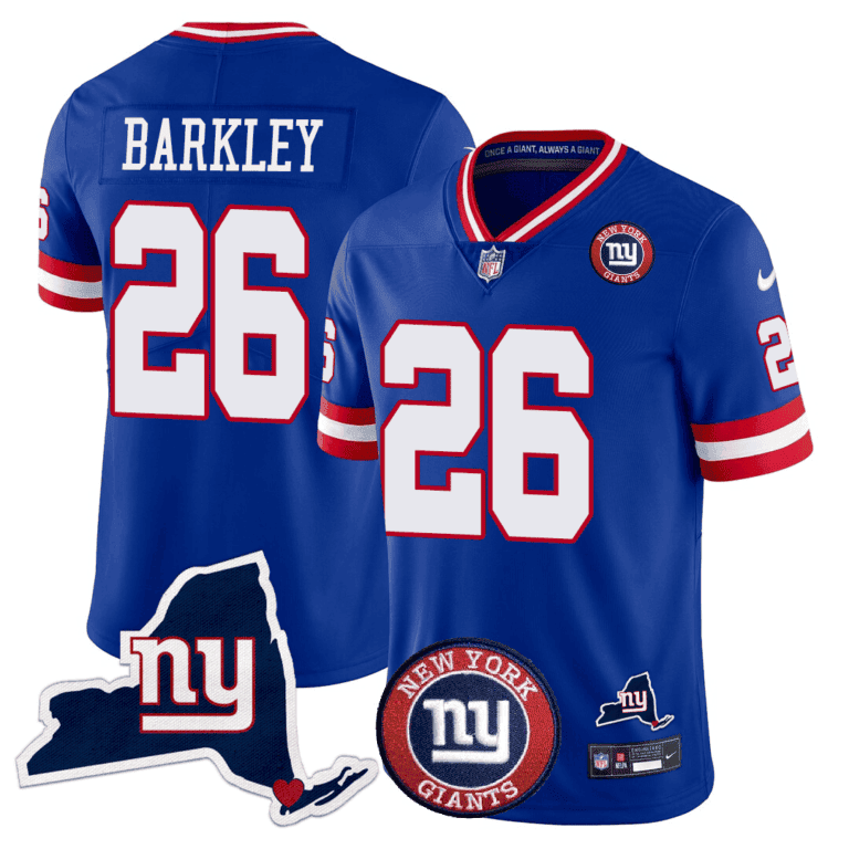 Giants New York State & Logo Patch Limited Jersey – All Stitched – Royal – Saquon Barkley Jersey