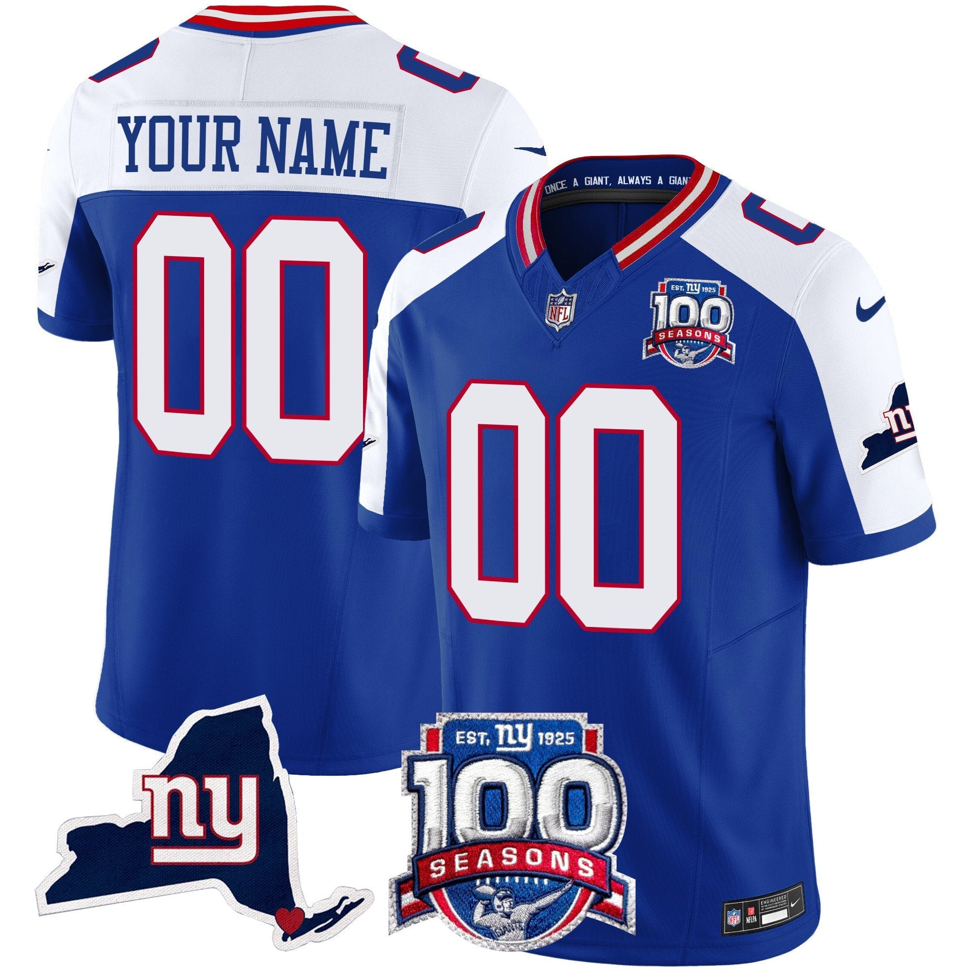 New York Giants 100th Season & State Patch Vapor Limited Custom Jersey – All Stitched – Royal Alternate Jersey