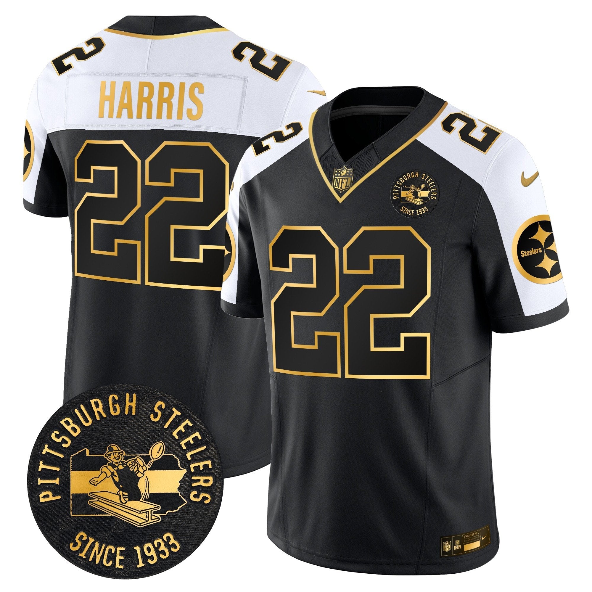 Pittsburgh Steelers Throwback 1933 Patch Gold Vapor Limited Jersey – All Stitched – Alternate – Najee Harris Jersey