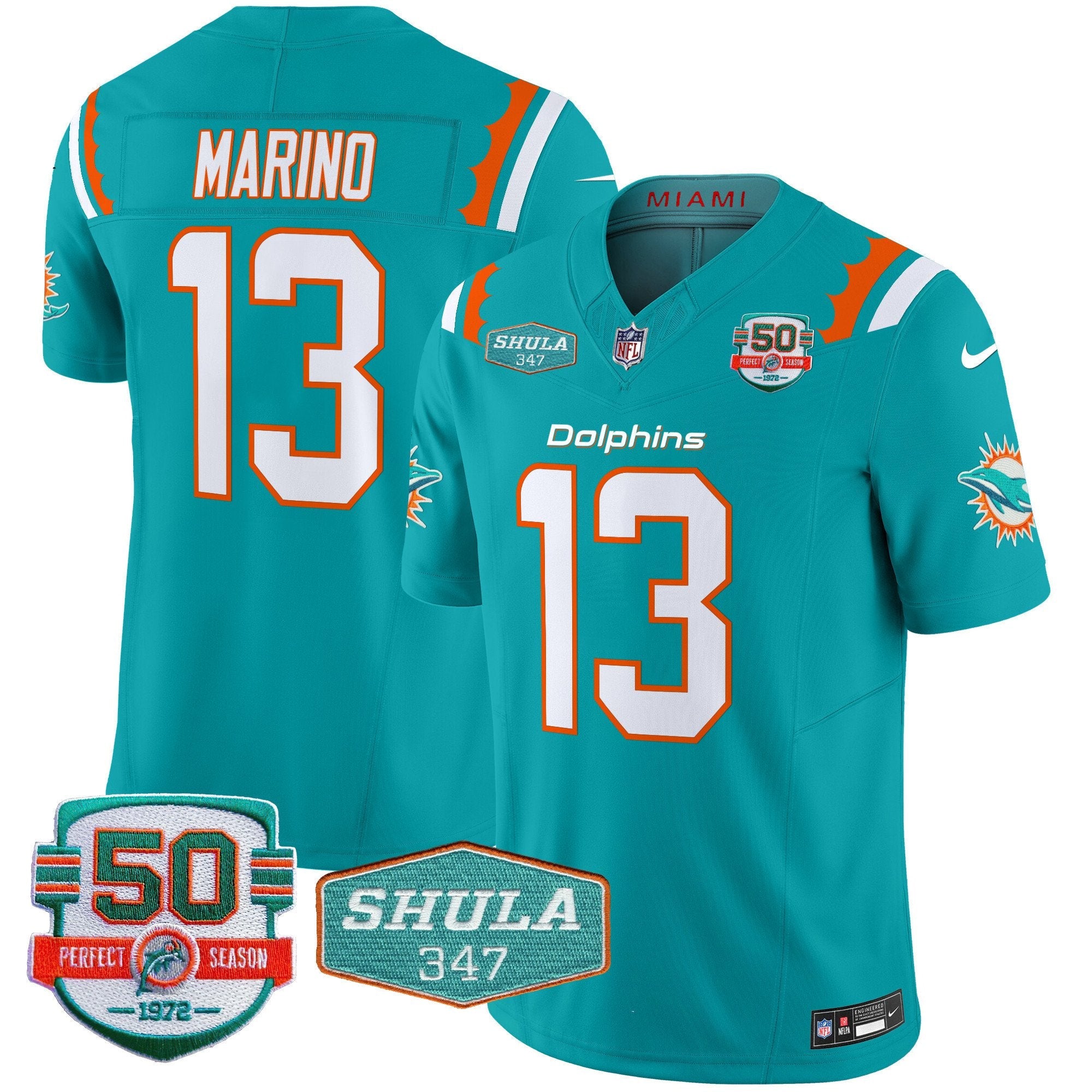 Dolphins 50th & Don Shula 347 Memorial Patch Vapor Limited Jersey – All Stitched – Aqua – Dan Marino Jersey