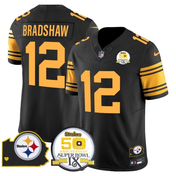 Steelers 50th Anniversary Of Super Bowl IX & Map Patch Vapor Limited Jersey – All Stitched – Color Rush – Terry Bradshaw Jersey