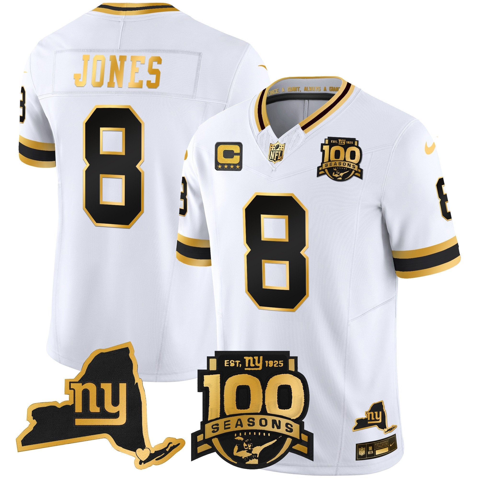New York Giants 100th Season & State Patch Gold Vapor Limited Jersey – All Stitched – White Gold – Daniel Jones Jersey