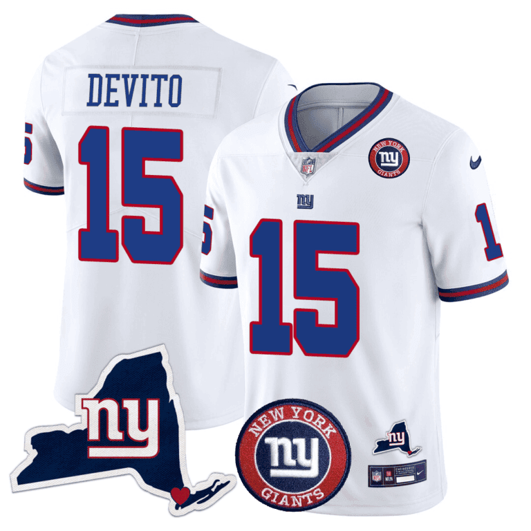 Giants New York State & Logo Patch Limited Jersey – All Stitched – White – Tommy DeVito Jersey