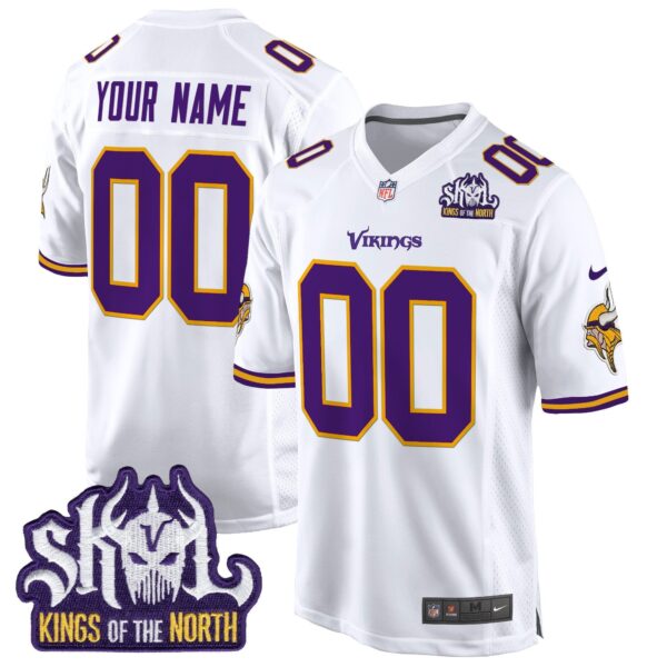 Minnesota Vikings King Of The North Patch Throwback Game Custom Jersey – All Stitched – White Jersey