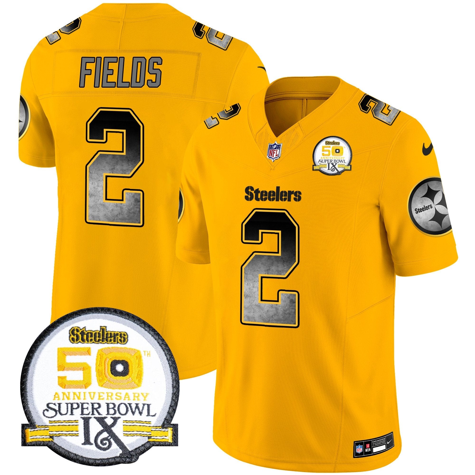 Steelers Arch Smoke 50th Anniversary Of Super Bowl IX Patch Vapor Limited Jersey – All Stitched – Gold – Justin Fields Jersey