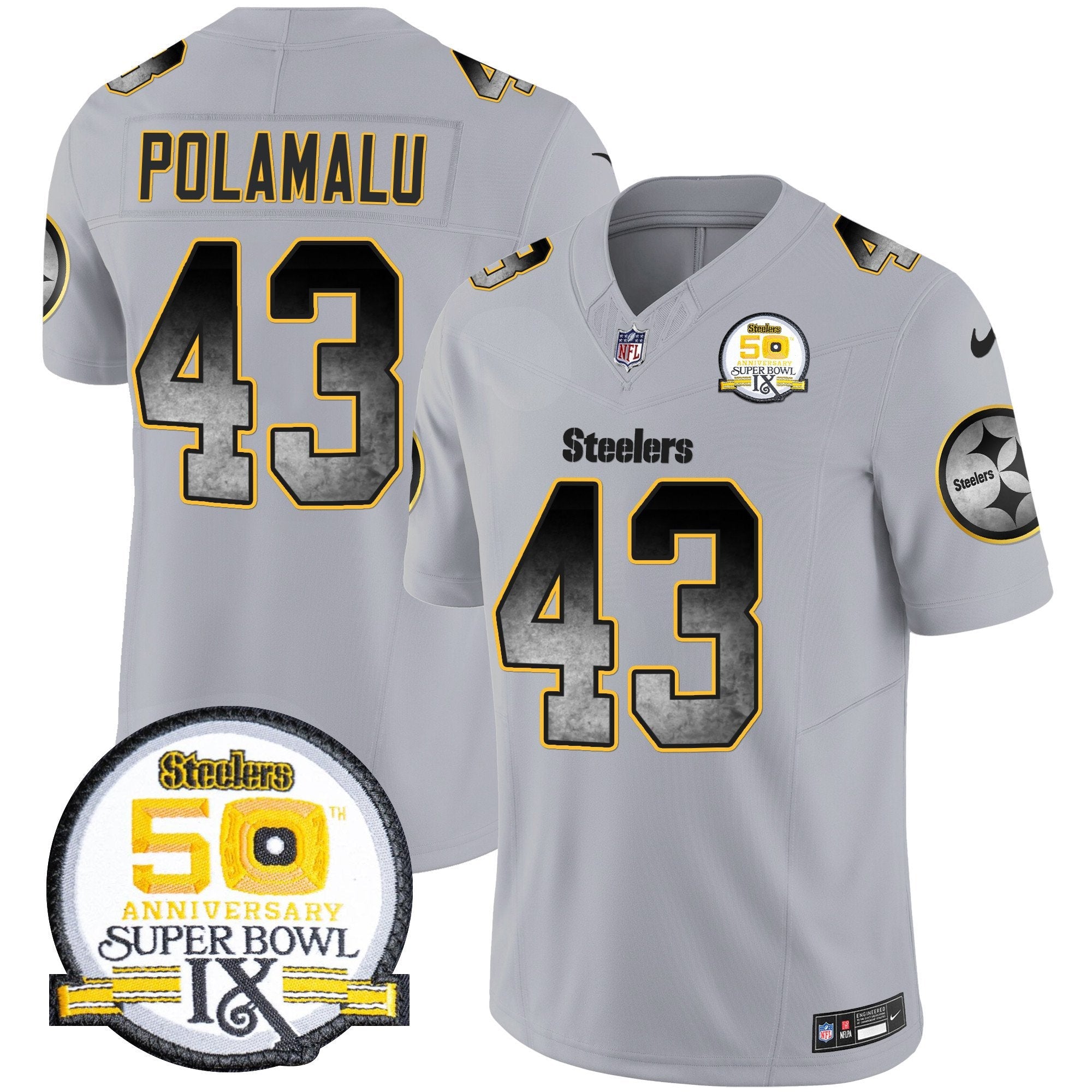 Steelers Arch Smoke 50th Anniversary Of Super Bowl IX Patch Vapor Limited Jersey – All Stitched – Gray – Troy Polamalu Jersey